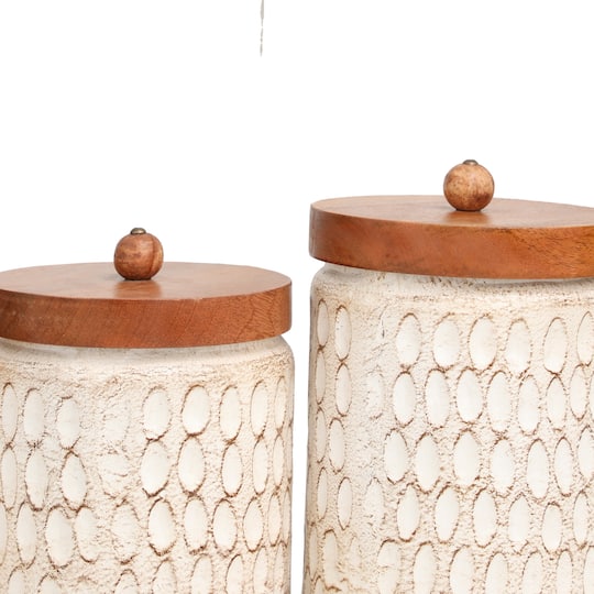 Cream Paper Mache Handmade Carved Spotted Geometric Canisters with Removable Lids Set